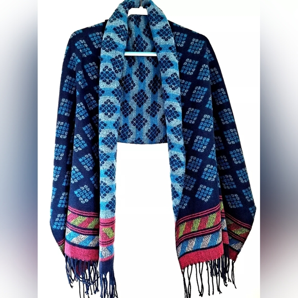 Hollister Shawl Scarf Fringe Blue Pink Lime - Picture 4 of 4